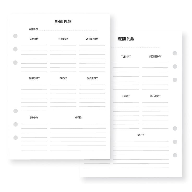 A5 planner menu inserts