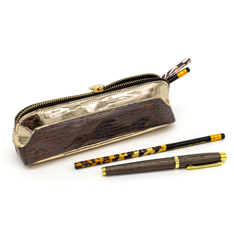 Crocodile print, gold slim pencil case