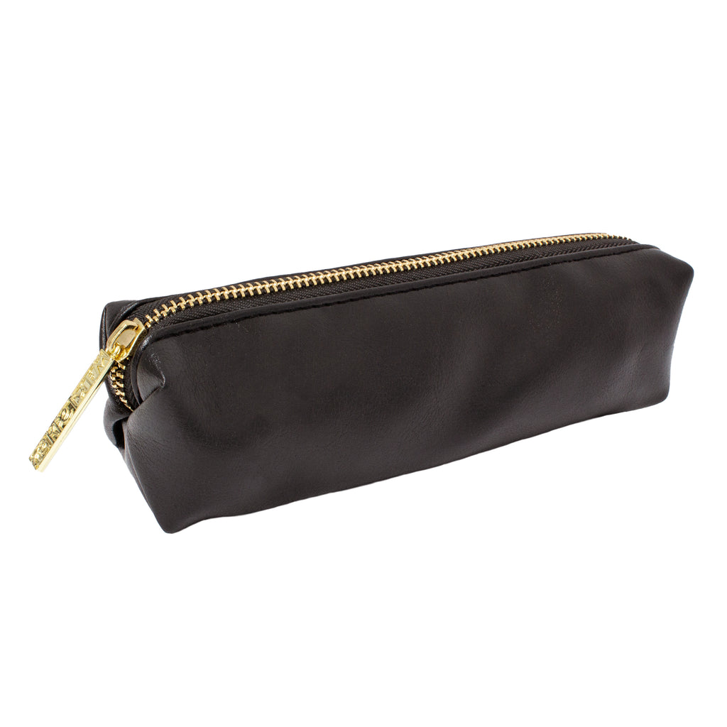 Black faux leather pencil case with gold hardware