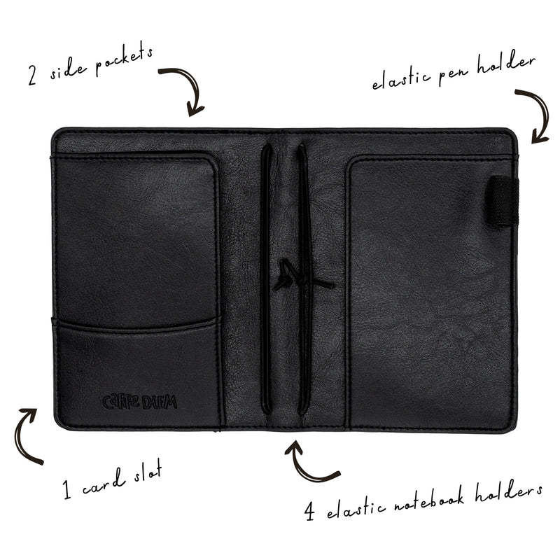 Black A6 notebook and passport holder